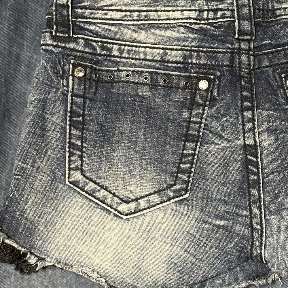 Miss Me Women's Blue Jean Denim Shorts with Black Lace and Bling 30 - Picture 7 of 15